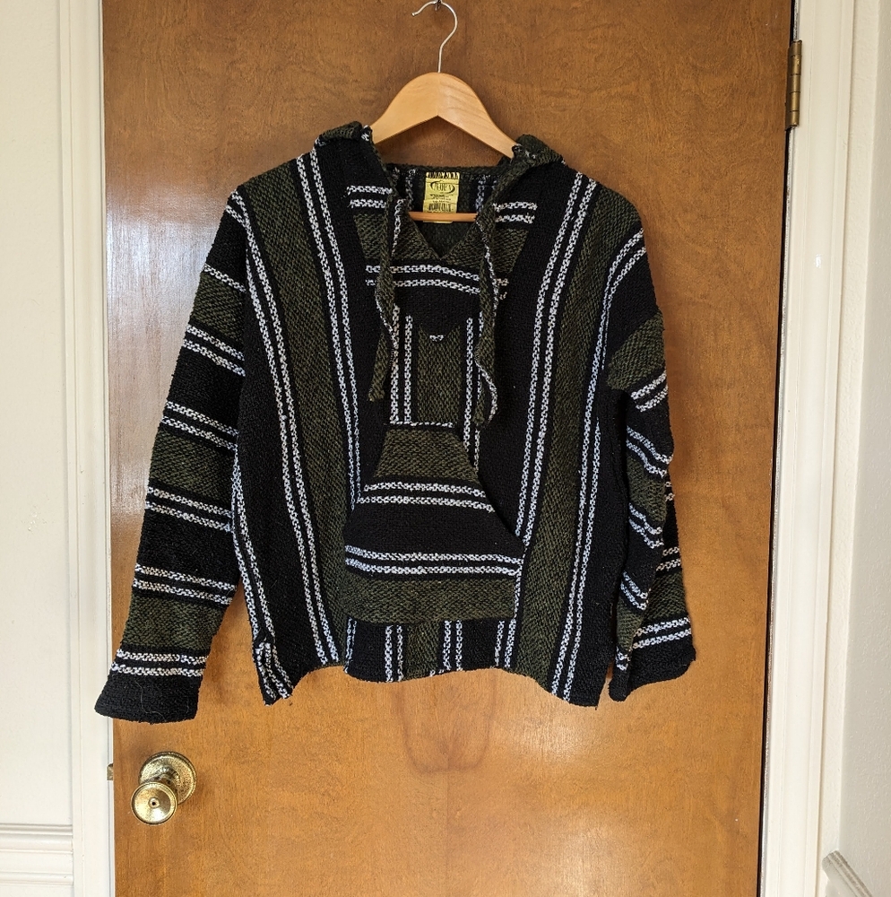 Frank's Textiles Baja Black Green White Striped Hoodie Sweater Mexican Drug Rug